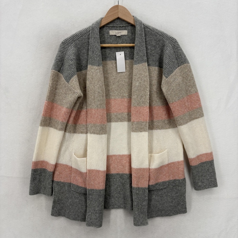LOFT Cardigan Sweater Womens Medium Multicolor Stripe Open Front Pockets NWT